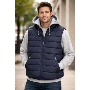 Hooded Puffer Vest Mens Large Navy Blue Quilted Zip Up outdoor casual hiking